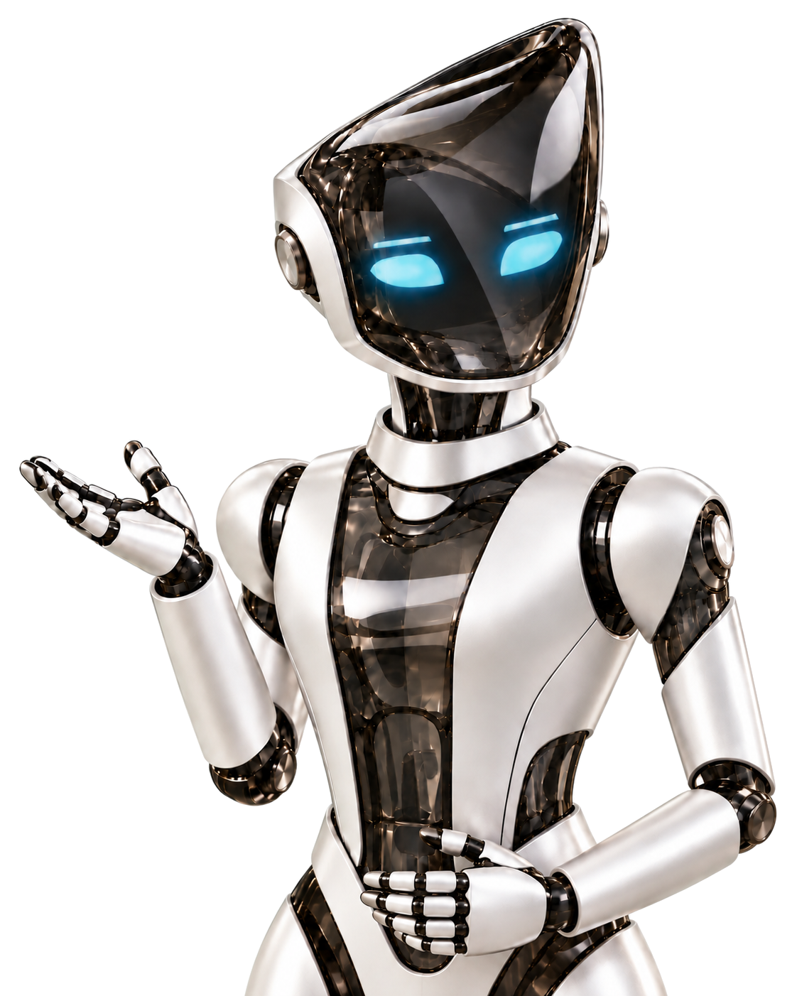 Camus, your GTM agent, a smoky glass and silver robot with glacier blue eyes